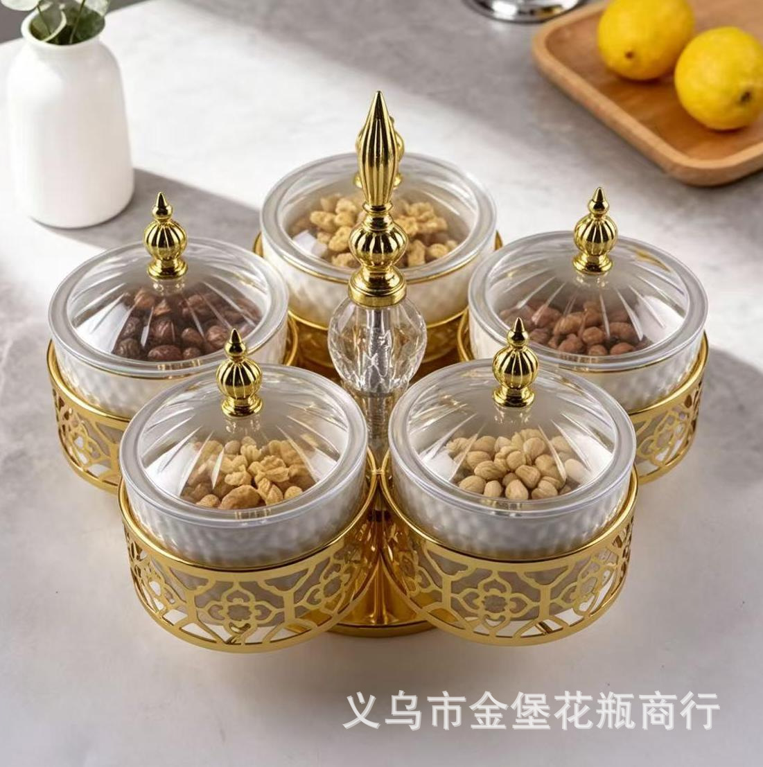 轻奢金边旋转分格果盘 六连体带盖陶瓷果碗 年货坚果糖果分装收纳