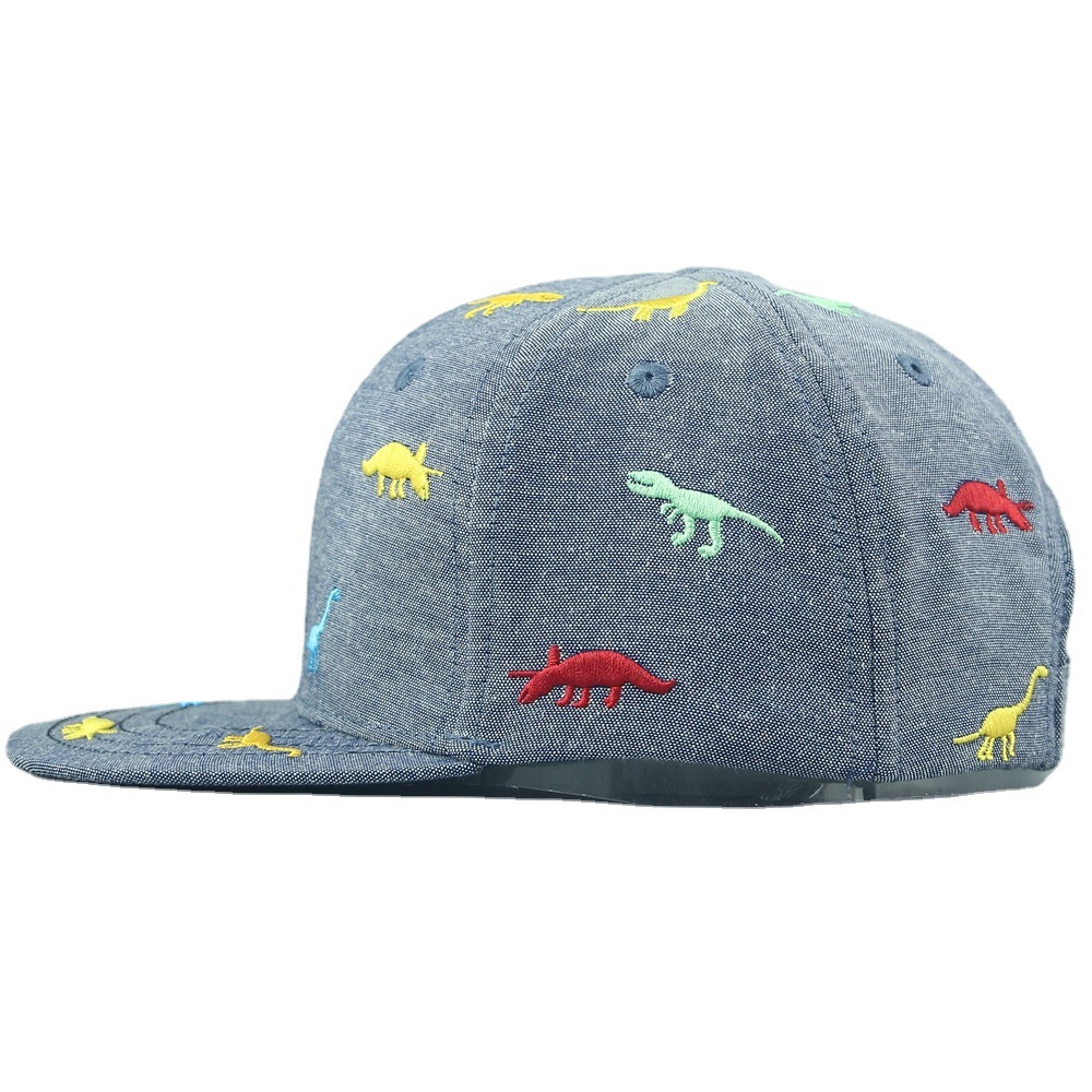 Spring and summer sun protection and shading children's hats, solid-colored skin-friendly cotton flat tongue hats, cute dinosaur embroidered flower hip-hop hats Item Picture