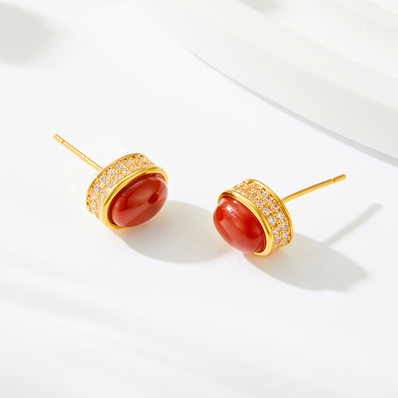 Diseño original nanred piedra natural oval pendientes aleación de cobre oro real chapado micro zirconia incrustado s925 plata agujas auriculares Application Scenario