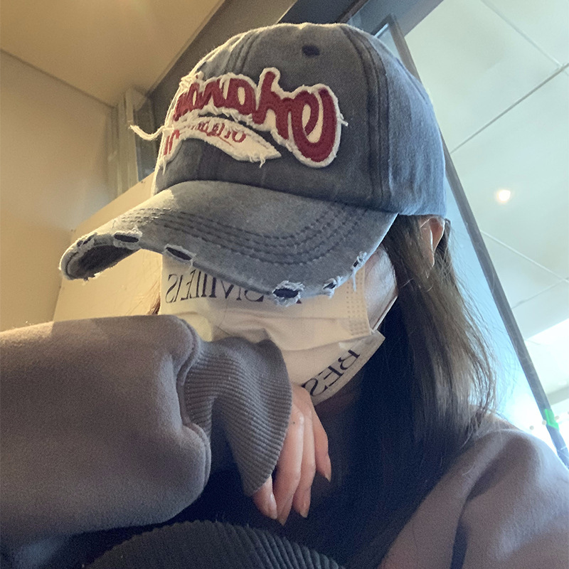 美式复古做旧棒球帽女大头围水洗破洞牛仔宽帽檐鸭舌帽显脸小帽子
