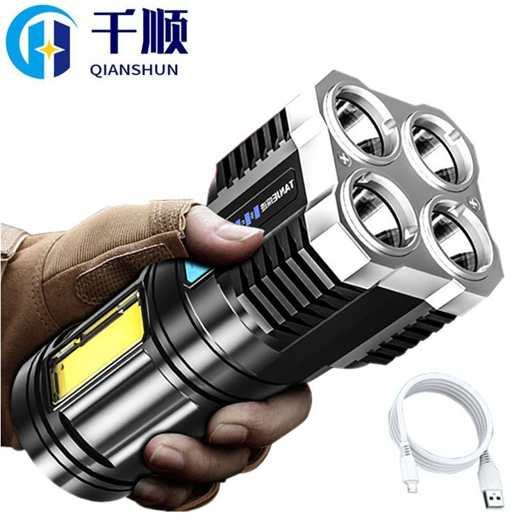 跨境USB四核爆亮手电筒强光可充电超亮特种兵户外多功能led远射灯