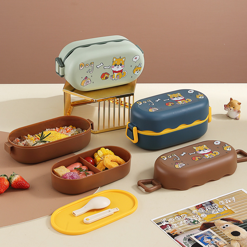 European-style plastic double-layer bento box, microwave oven lunch box, Japanese cartoon with tableware, office worker and student meals details Picture
