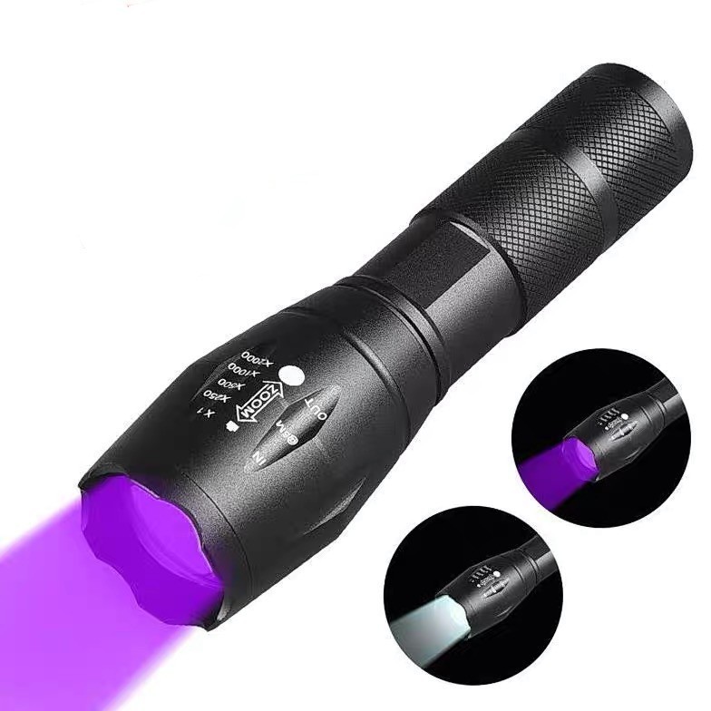 Dual-purpose high-brightness flashlight for fluorescence detection and lighting, white and purple dual-color R2 adjustable focal violet light led lamp for cave exploration and banknote inspection