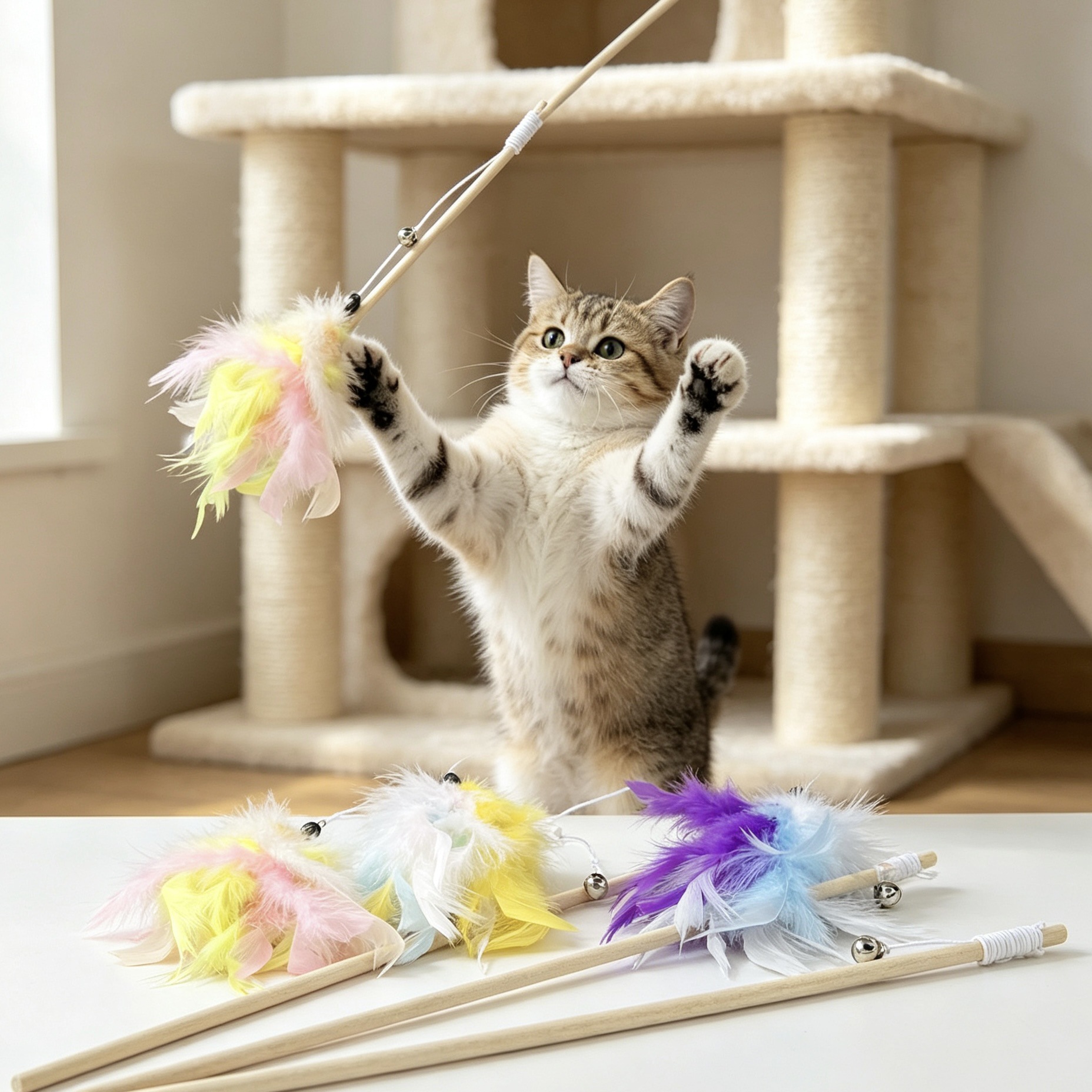 New three-color feather cat toy stick, cat toy, elastic rope interactive handle, durable cat toy pet products factory Application Scenario