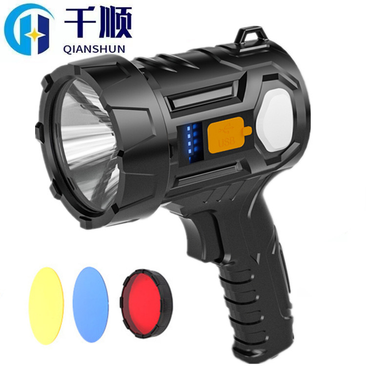 跨境手持探照灯type-c 充电太阳能露营灯户外带侧灯LED强光手电筒