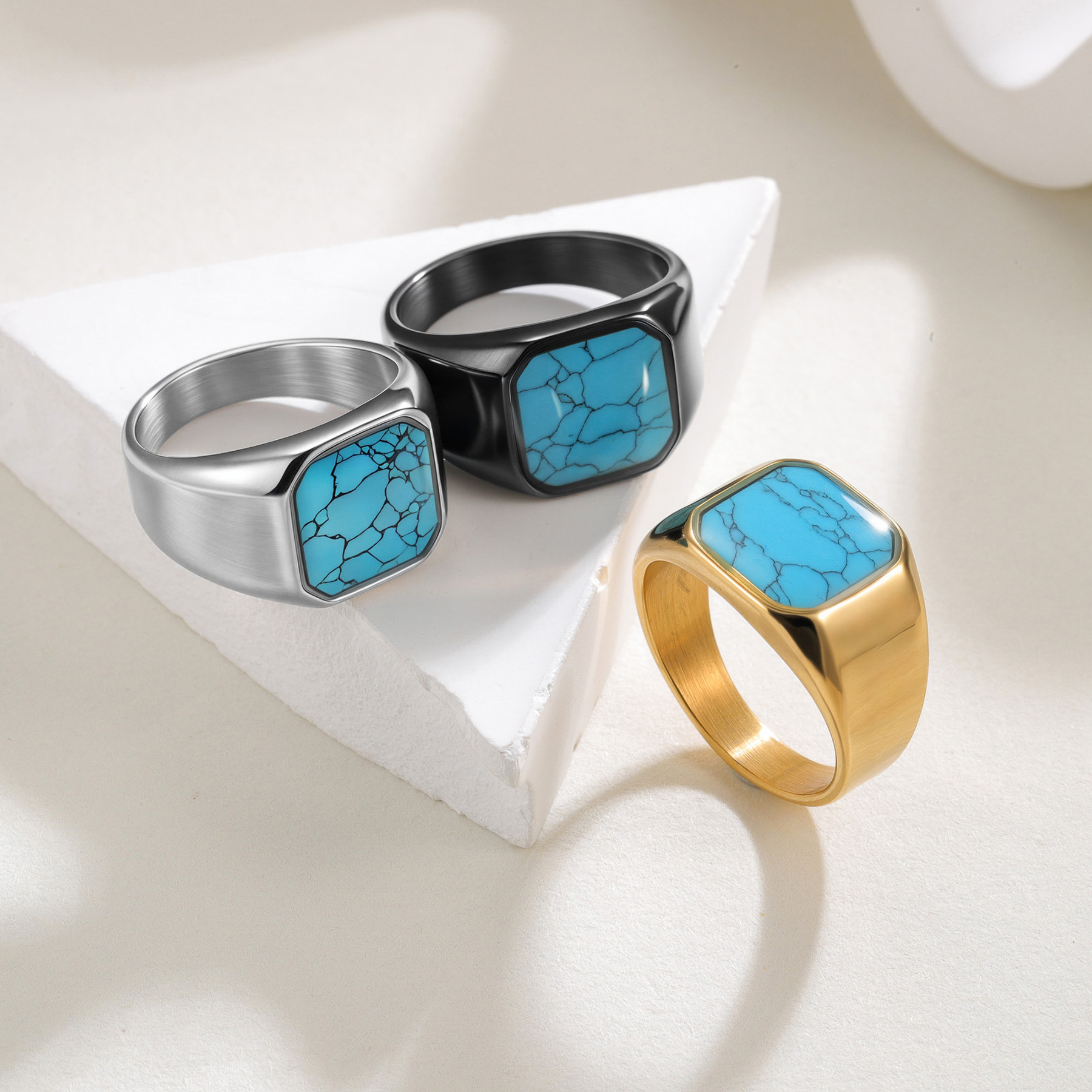 New, personalized and retro men's turquoise titanium steel rings and trendy titanium steel jewelry wholesale on Amazon in Europe and America