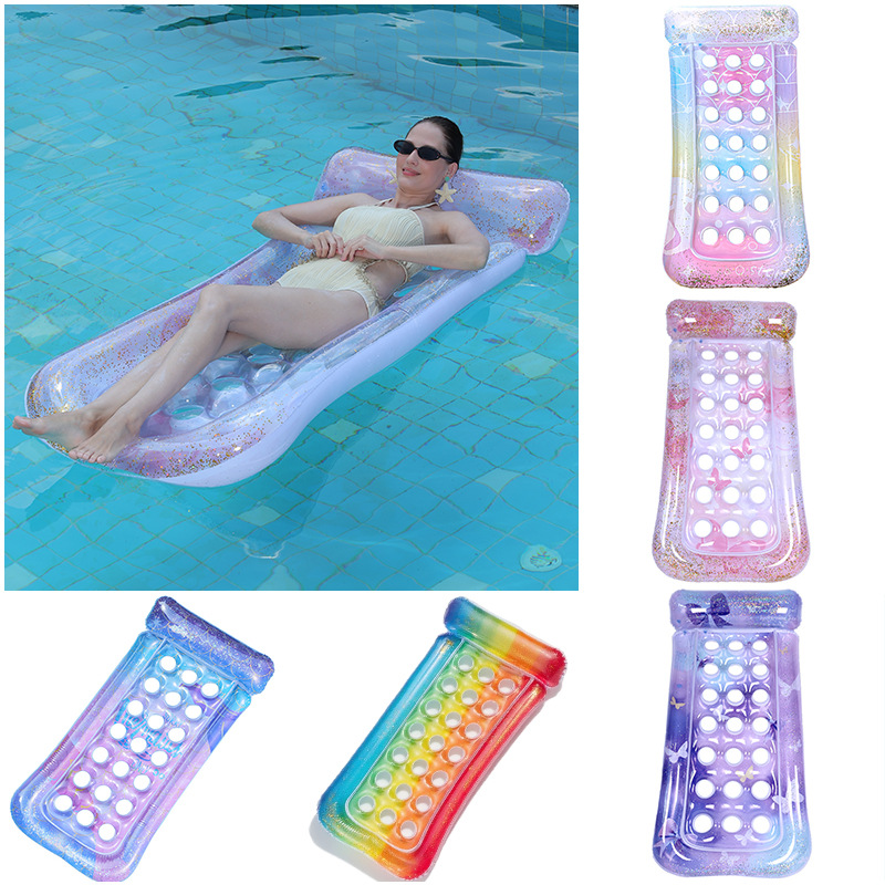 亚马逊专供水上充气浮排洞洞美人鱼泳池派对透明亮片充气浮床批发