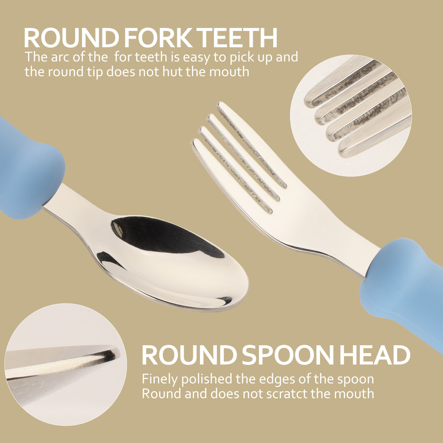 Short-handled stainless steel spoon, children's silicone spoon, creative and simple with holes for hanging hooks, fork, baby training to learn to eat details Picture
