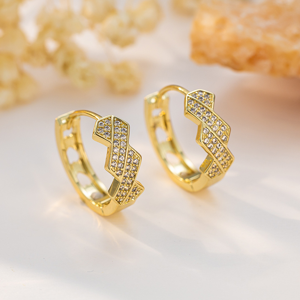 新款百搭18K镶锆石线性耳扣耳环时尚大气轻奢耳饰批发风精致几何