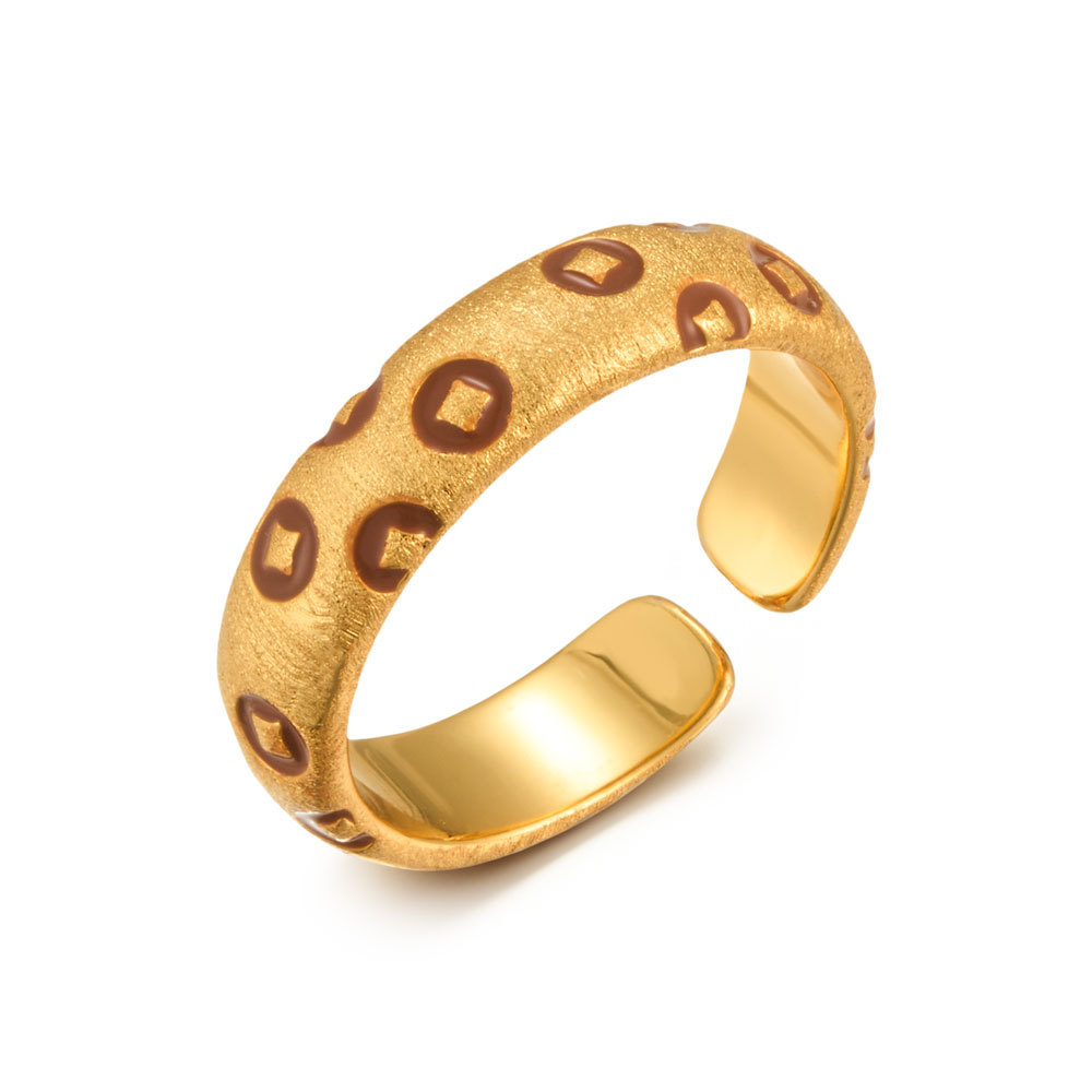 New Chinese-style money-attracting coin open ring, copper alloy real gold electroplated brushed process, oil-dripping high-end ring ring Item Picture