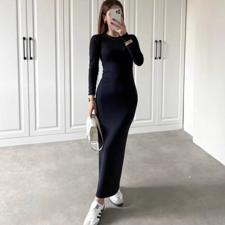 ins cross-border foreign trade European and American finger buckle solid color round neck long-sleeved dress, figure-hugging and slimming long dress, trendy for women Specification drawing