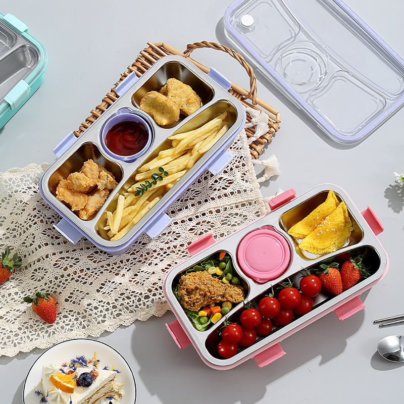 Wholesale of simple and light food 304 stainless steel lunch boxes with four compartments, small bowl sealing, portable card deduction compartments