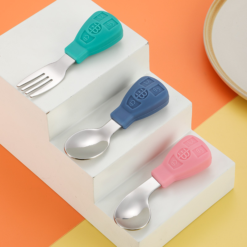宝宝硅胶勺子学吃饭训练勺婴儿童短柄硅胶叉勺子辅食餐具套装