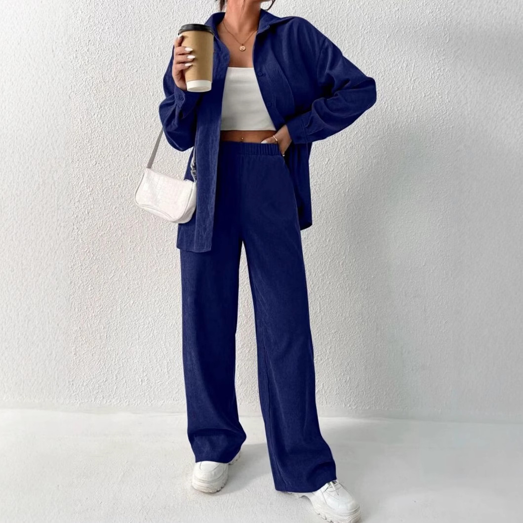 European and American women's clothing 2023 Autumn new collection: Solid color long-sleeved shirt coat, wide-leg long pants, casual two-piece set Item Picture