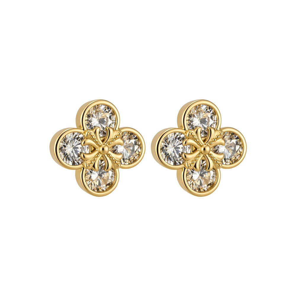 Light luxury and versatile lucky four-leaf clover ear studs, copper alloy, real gold electroplated with zircon, high-end, fashionable and exquisite earrings Item Picture