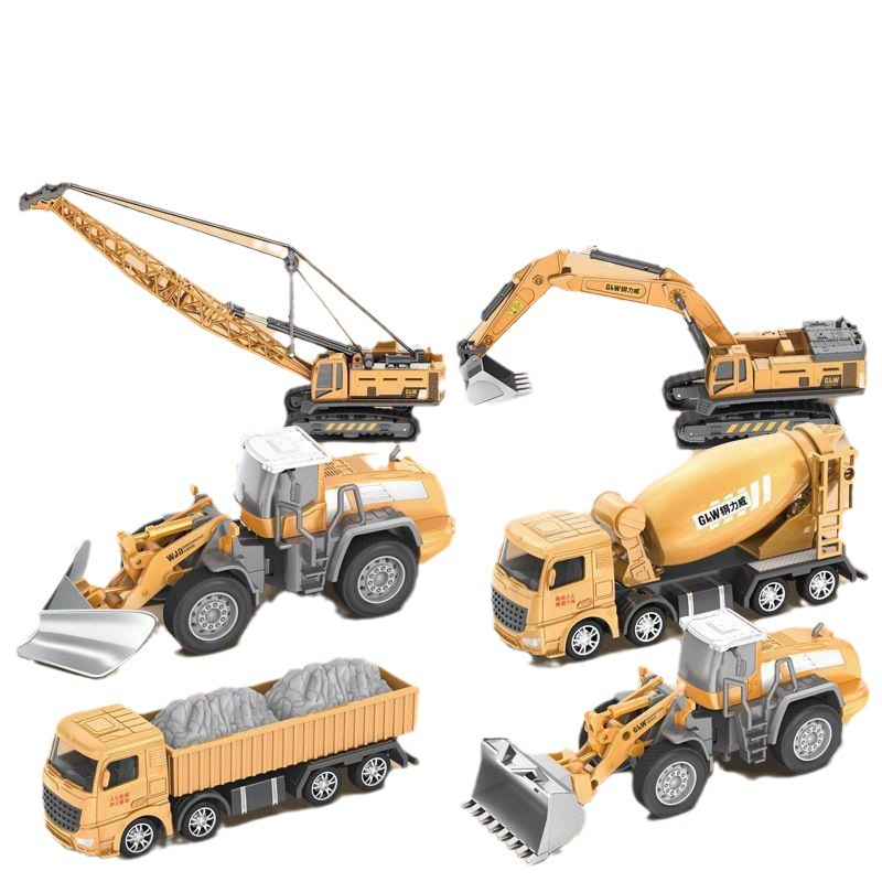 合金工程车挖掘机吊车推土运输大货车水泥搅拌车吊塔压路车玩具白底实物图