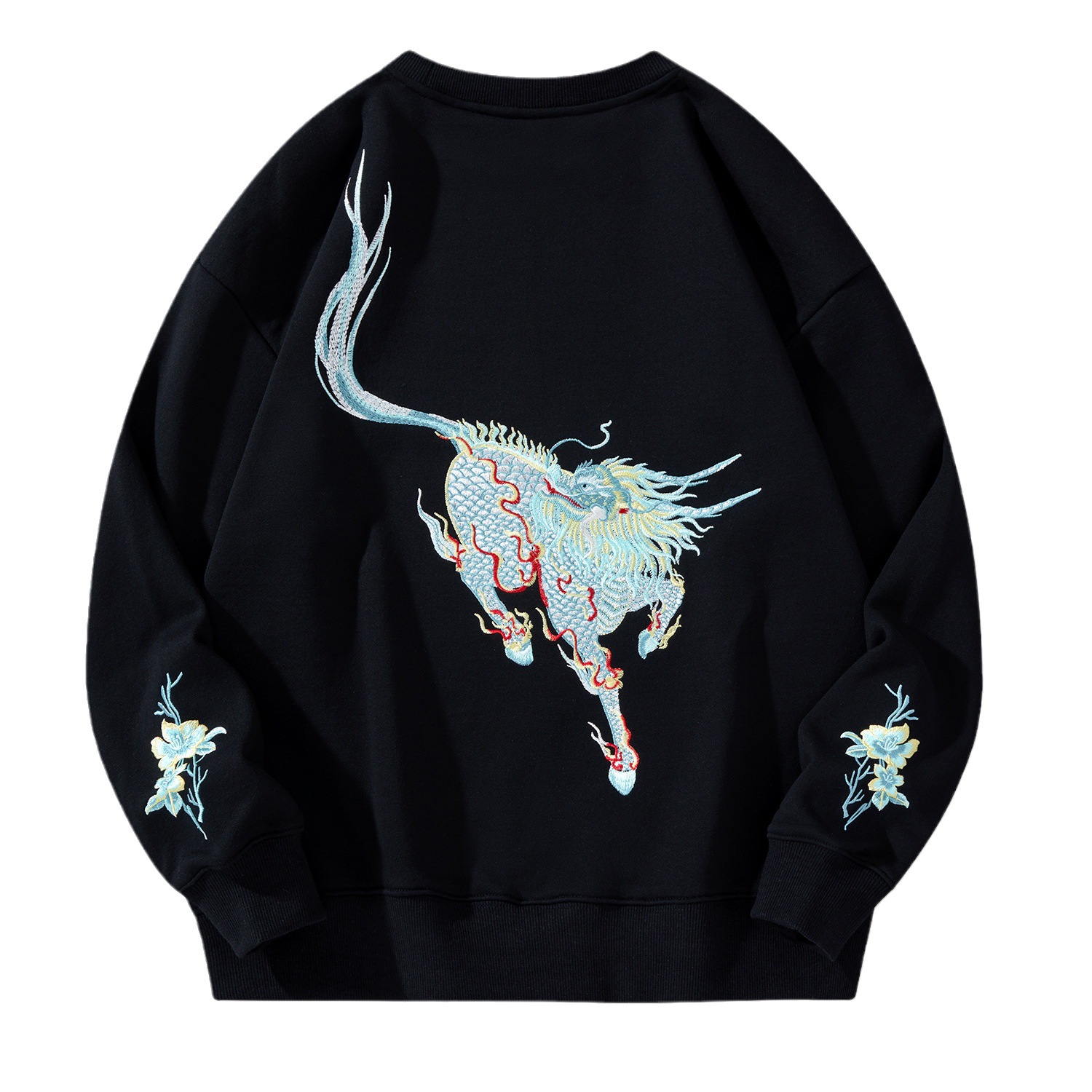 Qilin Heavy Industry embroidered hoodie for men, Chinese-style pure cotton loose and trendy large-sized men's coat, round-neck for young people Item Picture