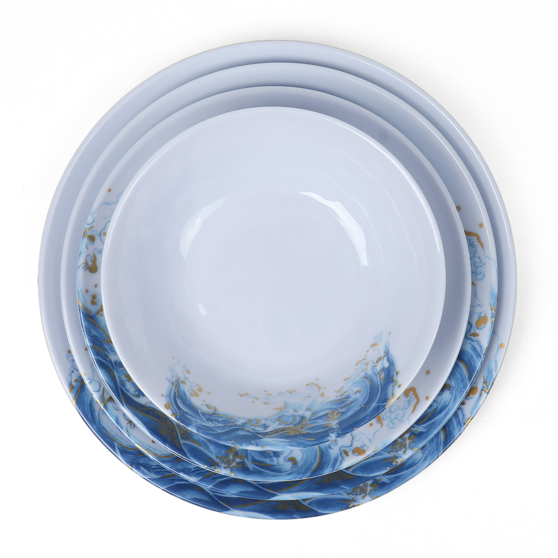 Melamine tableware for foreign trade, self-service round plates, bone plates, fast food restaurant stir-frying plates, hotel restaurant flat plates, deep plates for restaurants Specification drawing