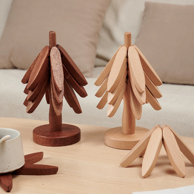 Cross-border foreign trade solid wood Christmas tree coasters, tree heat insulation pads, placemats, high-end style, ins wooden ornaments, creative heat-resistant table MATS, P52 details Picture