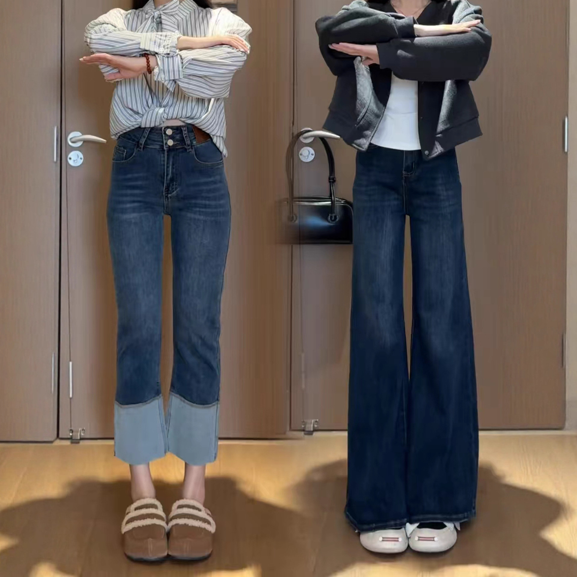 Dark blue wide-leg jeans for women, 2025 autumn new style, plus-size pear-shaped chubby girls, high-waisted, slimming, slightly flared pants details Picture