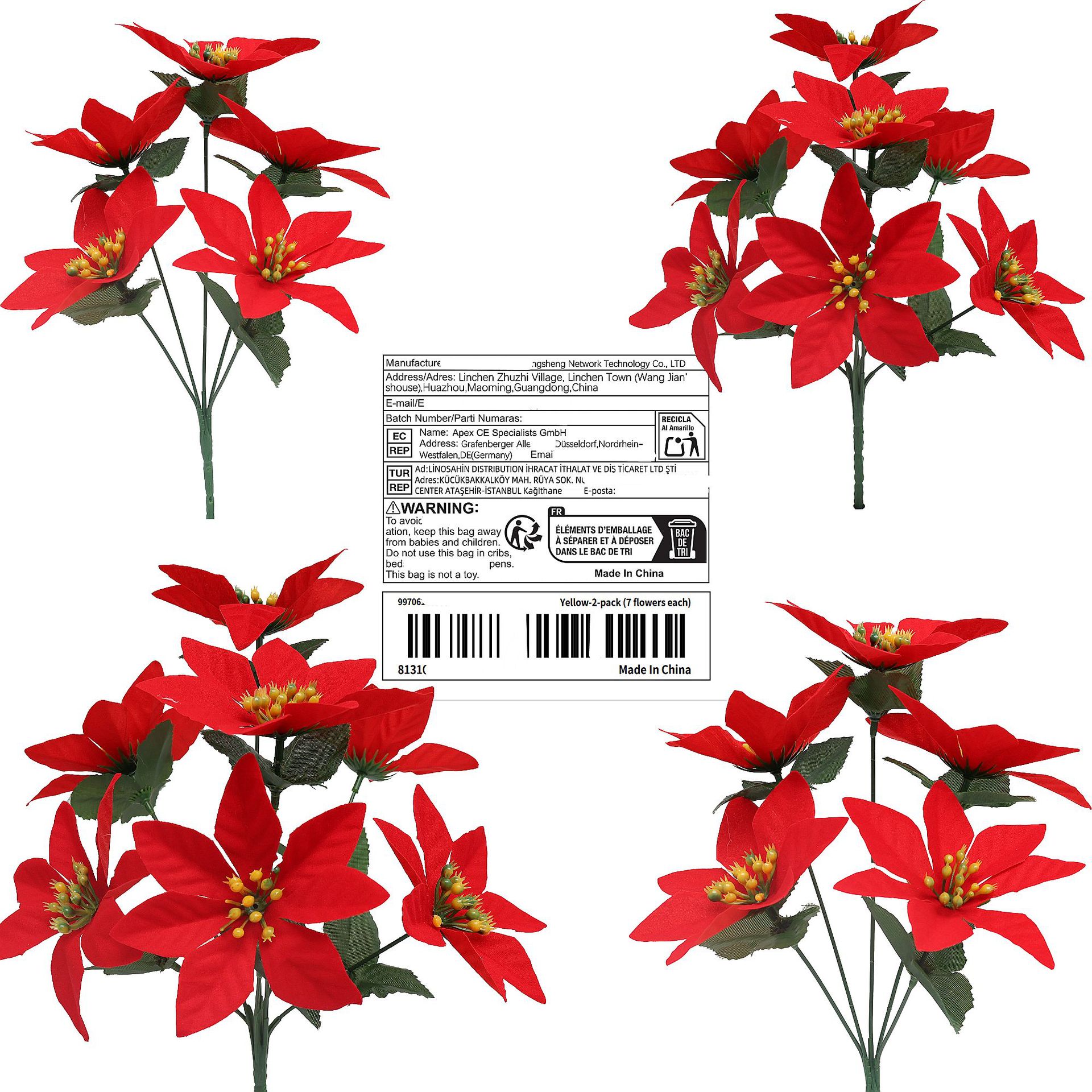 跨境代发贴欧代标仿真花仿真圣诞花丝印叶7头一品红花束厂家批发