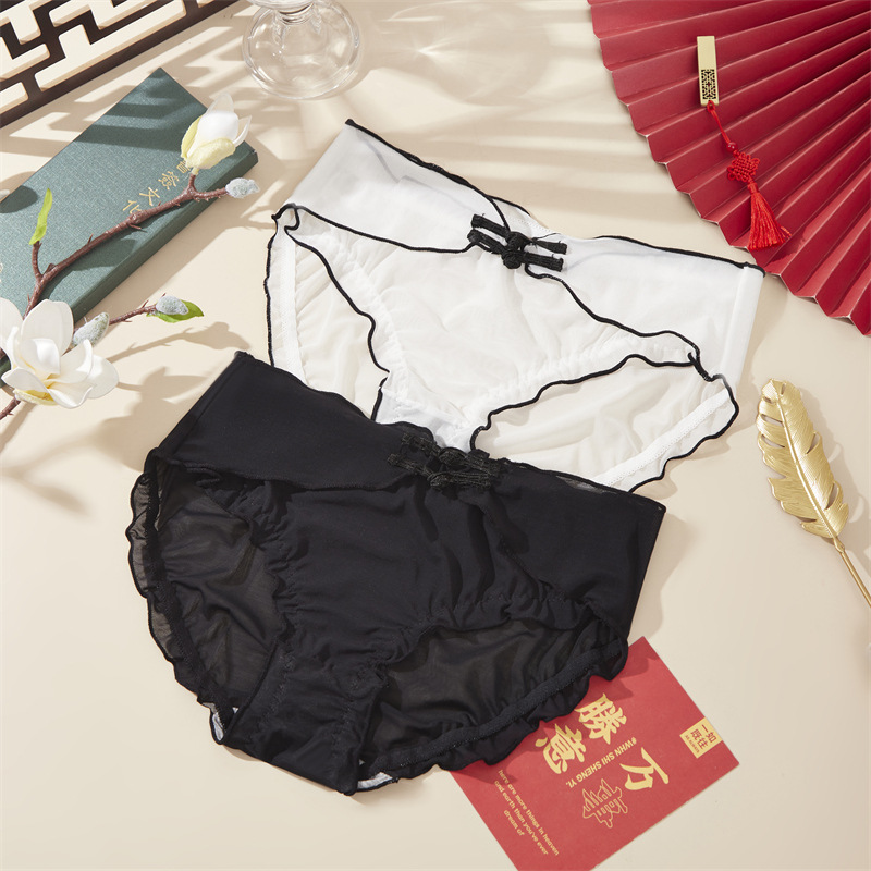 Trendy Chinese-style women's sexy and comfortable underwear, delicate mesh fabric elegant and fashionable one-button mid-waist underwear for women 7616