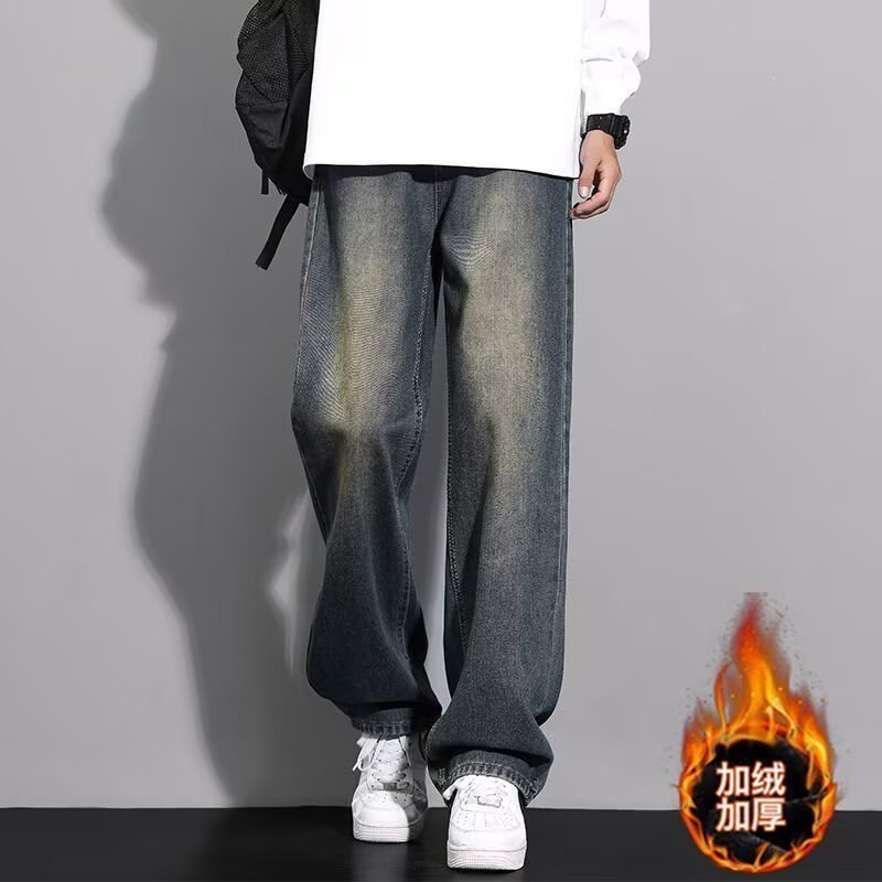 American-style jeans for men's autumn and winter, washed high street straight-leg pants, loose and versatile, trendy and casual wide-leg pants details Picture