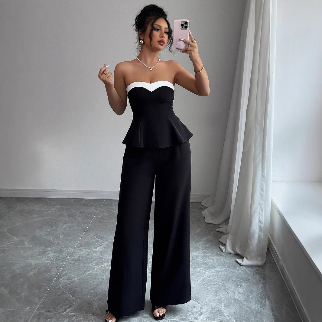 Cross-border Amazon Women's clothing 2025 Spring/Summer Vacation style European and American style spliced off-the-shoulder, backrest, wide-leg long pants set full figure