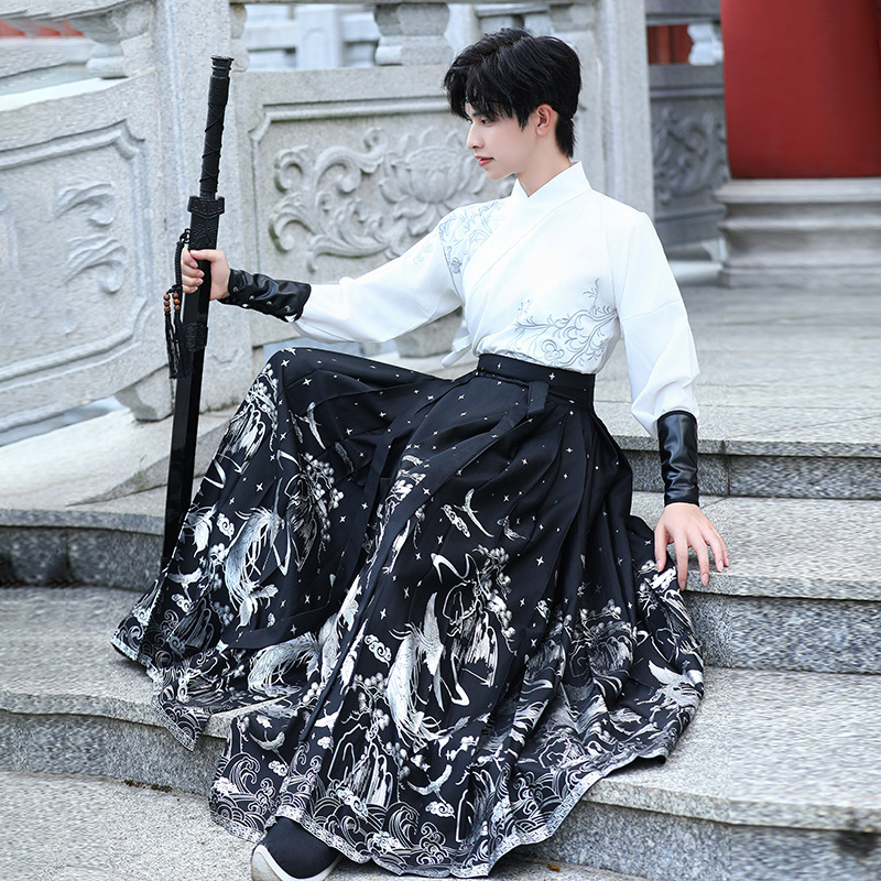 New Chinese-style men's Chinese-style embroidered cross-neck top, silver embossed horse face skirt, Hanfu, ancient style martial arts style couple's set