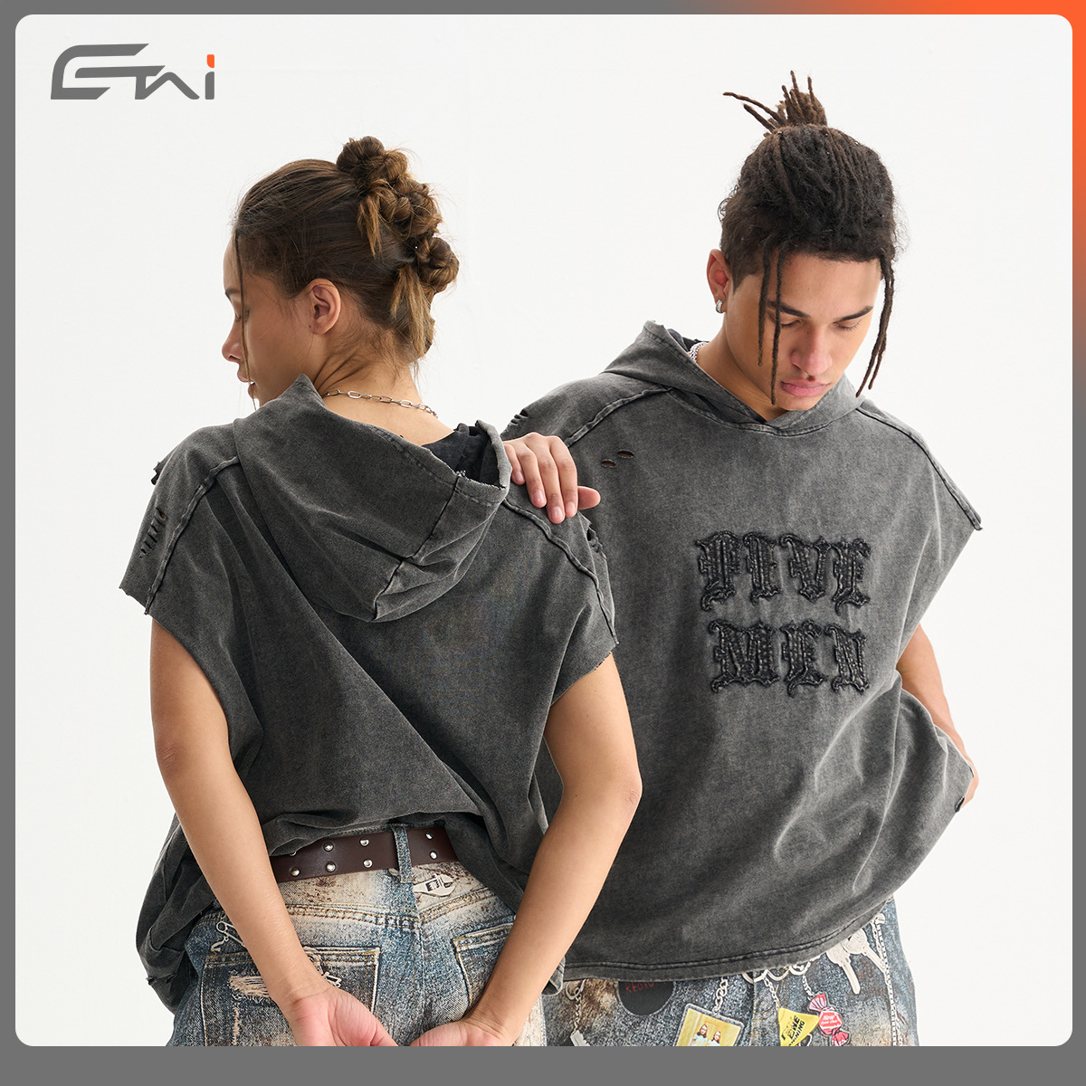 ETAI men's Wear: High-quality American retro hooded sleeveless vest men's fashion brand Boxyfit patchwork worn T-shirt Application Scenario