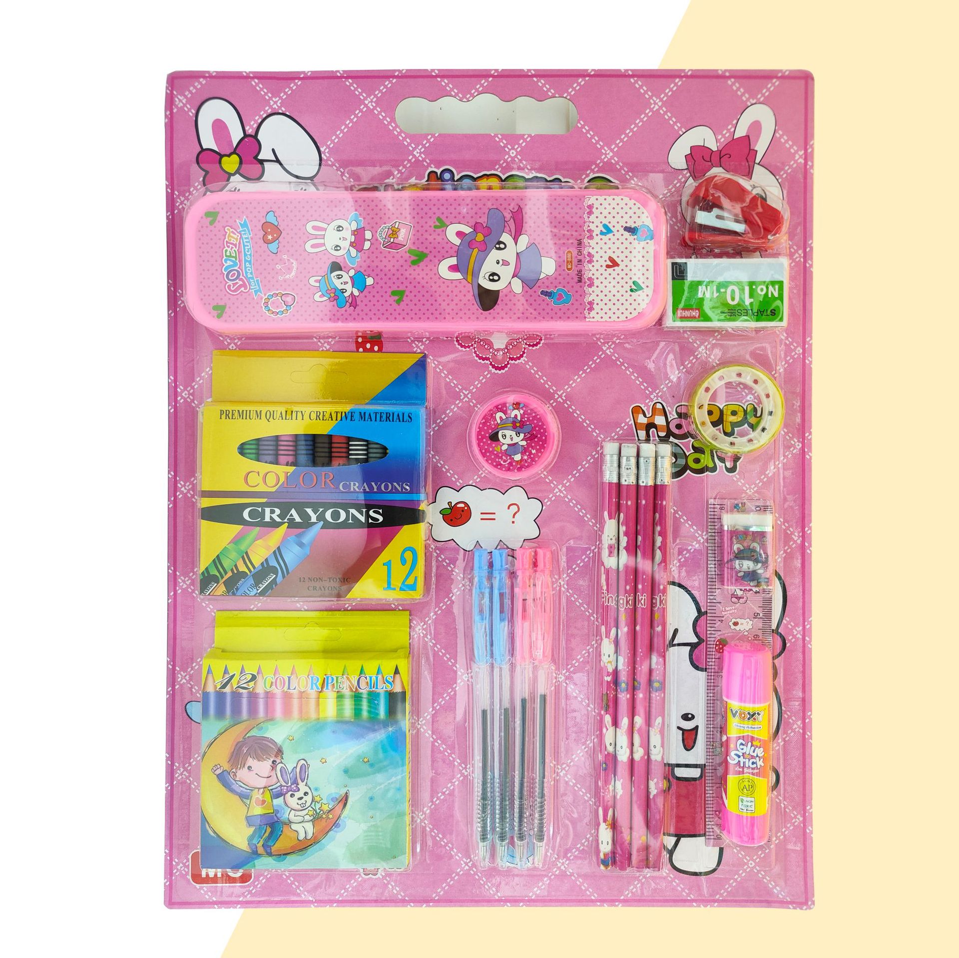New cartoon card-sucking stationery set of 18 pieces, children's gift, hand-held, combinable pencils, crayons, rulers, wholesale available and customizable Specification image