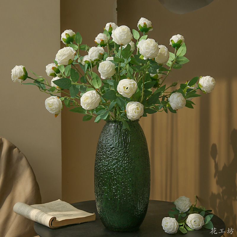 New 3-head rolled-edge rose artificial flower for living room dining table, baked edge rose artificial flower bouquet, shooting prop and landscape flower details Picture