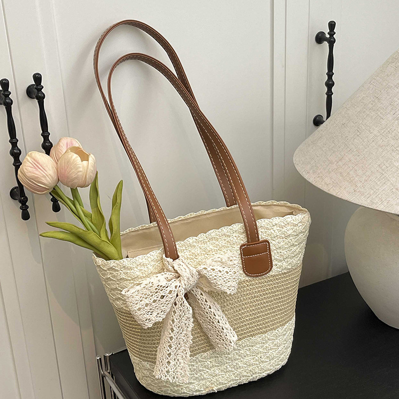 Cross-Border Straw Woven Bag, Large-Capacity New Woven Bag, Simple Straw Woven Handbag, Single-Shoulder Vacation Cotton Rope Commuting Tote Women's Bag, Handcrafted Straw Woven Bag details Picture