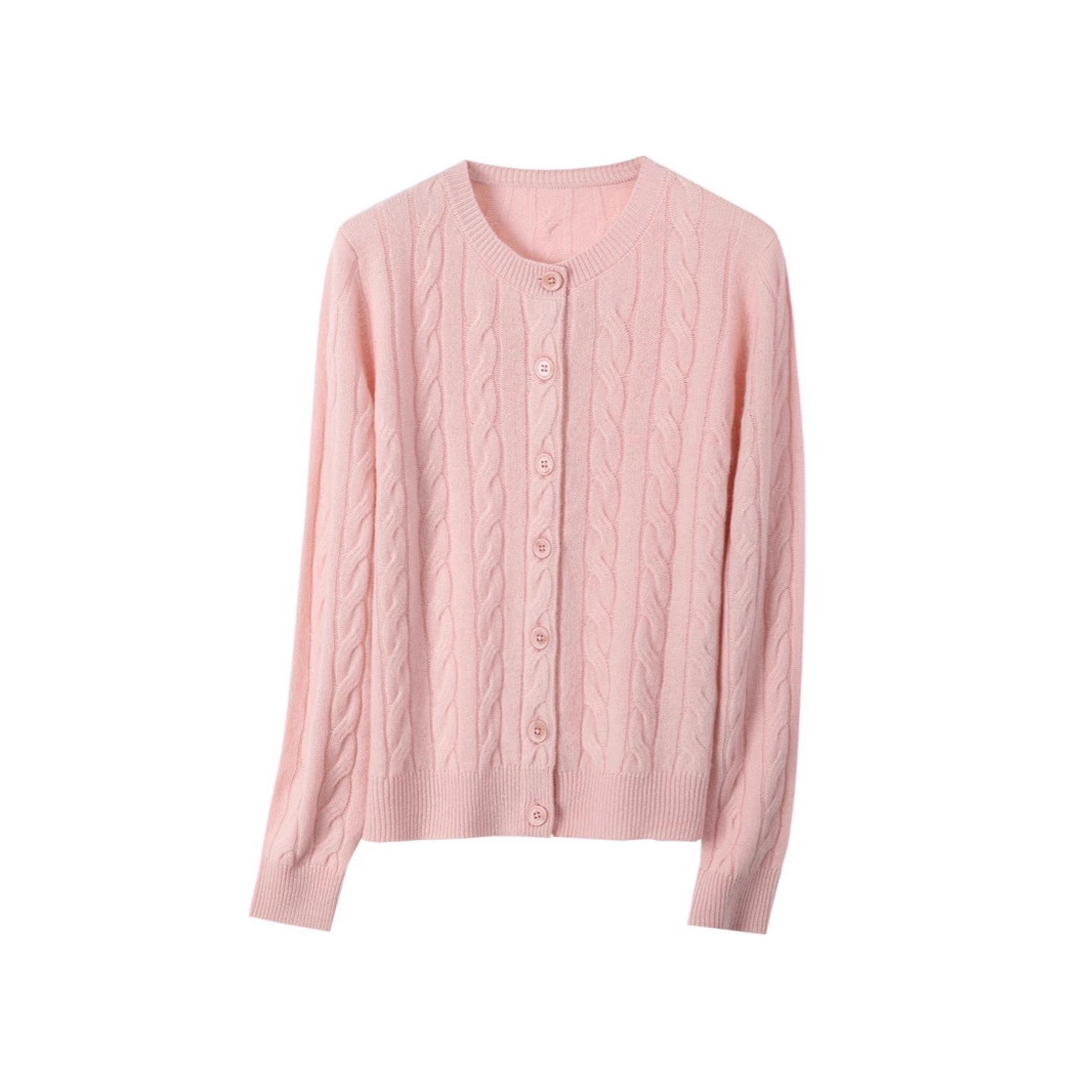 胖**同款2025秋冬季新款全羊毛衫女士通勤百搭气质纯色圆领开衫白底实物图