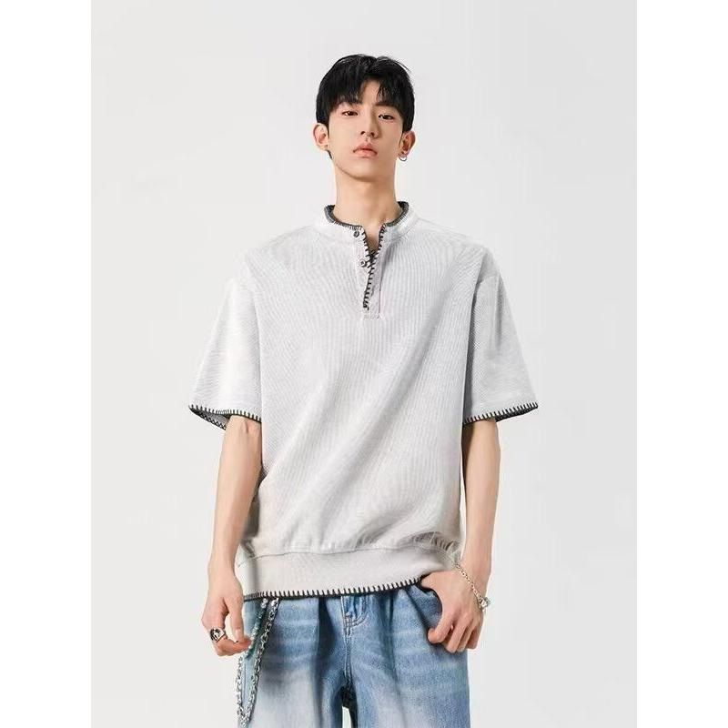 Old money style trendy Hong Kong-style men's T-shirt, summer simple and trendy brand half-sleeved loose and casual Henry T-shirt top Specification image