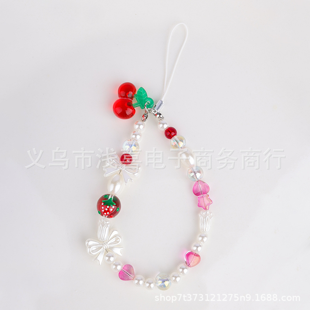 Yu Shuxin's same Instagram black and gray camellia, strawberry and cherry beaded retro mobile phone lanyard, ccd lanyard and camera lanyard Item Picture