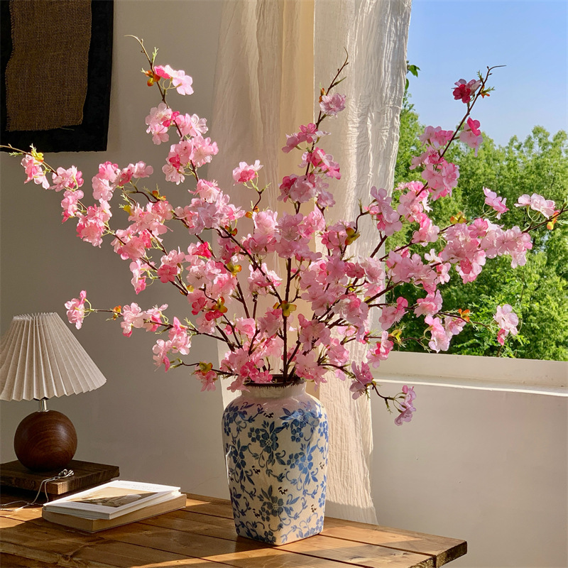 4叉樱花仿真花客厅假花插花塑料花婚庆布置装饰花艺摆设跨境热卖