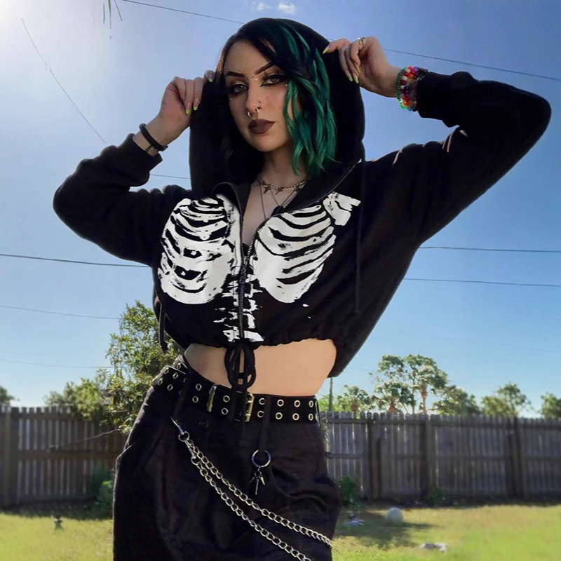 New cross-border personalized skeleton print dark long-sleeved short cardigan with a crop top for both men and women full figure