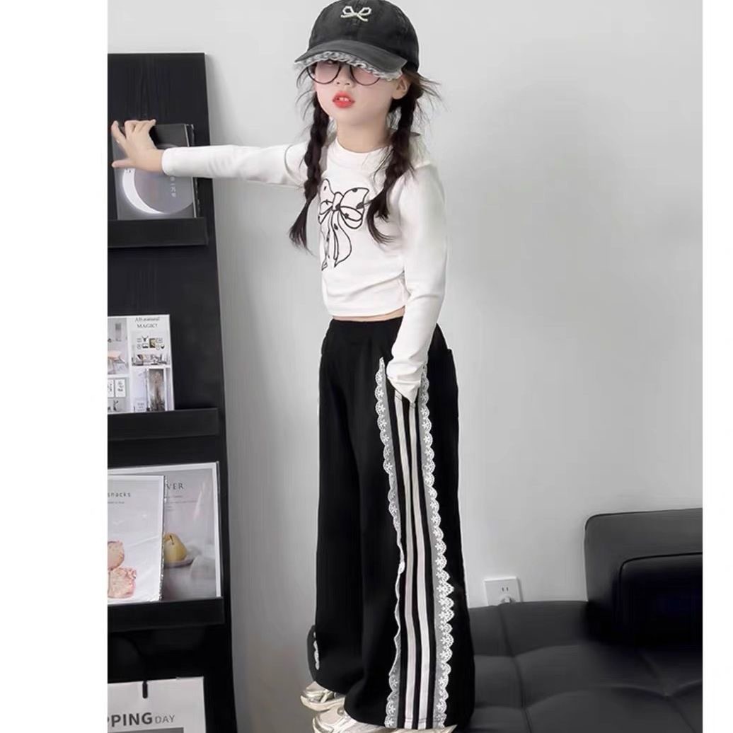 Girls' long-sleeved T-shirt 2025 new set for children's autumn top, stylish bow base layer, wide-leg pants Specification image