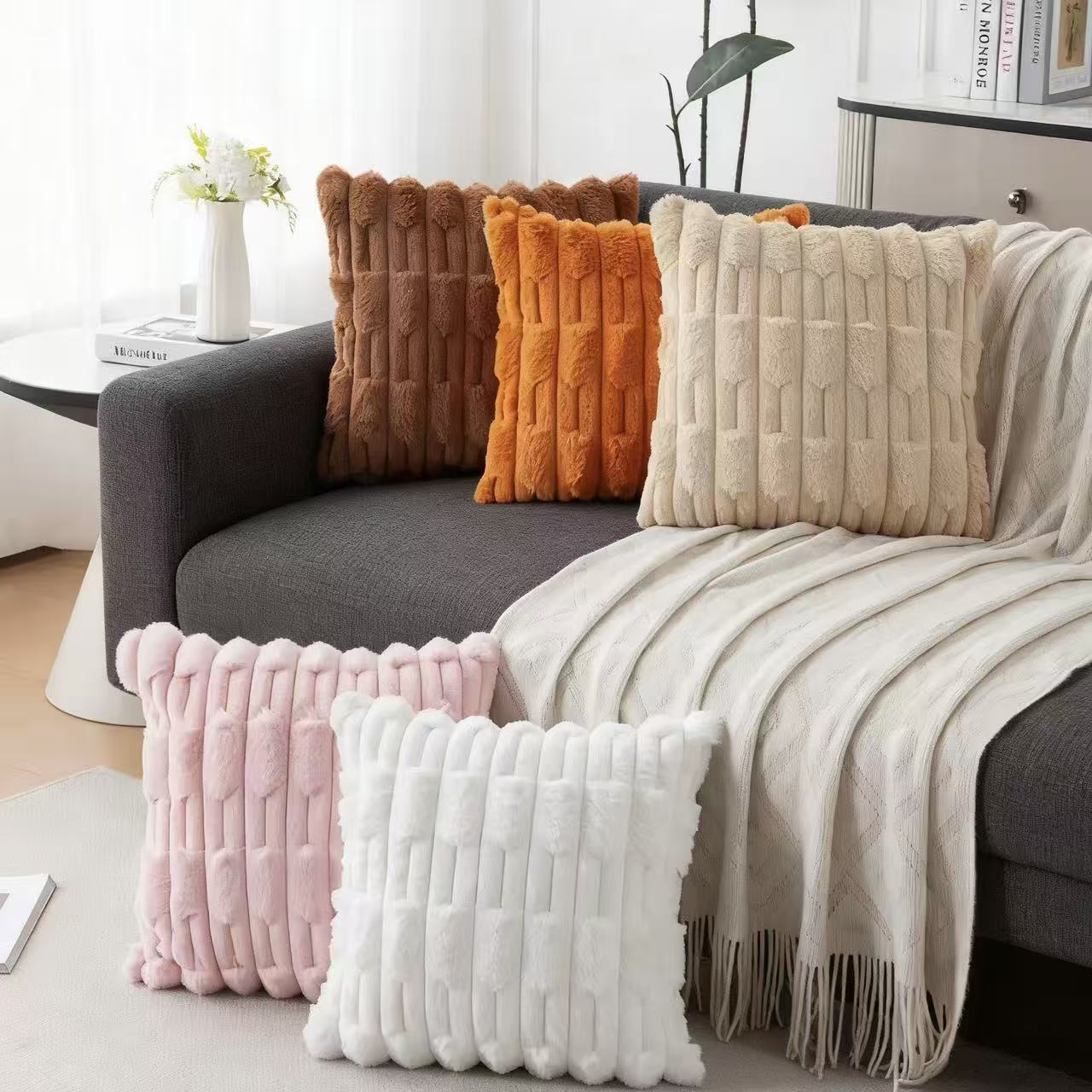 Ins-style Nordic imitation rabbit fur bamboo joint texture pillowcase sofa, living room cushion, home decoration soft furnishings, decorative pillow Specification image