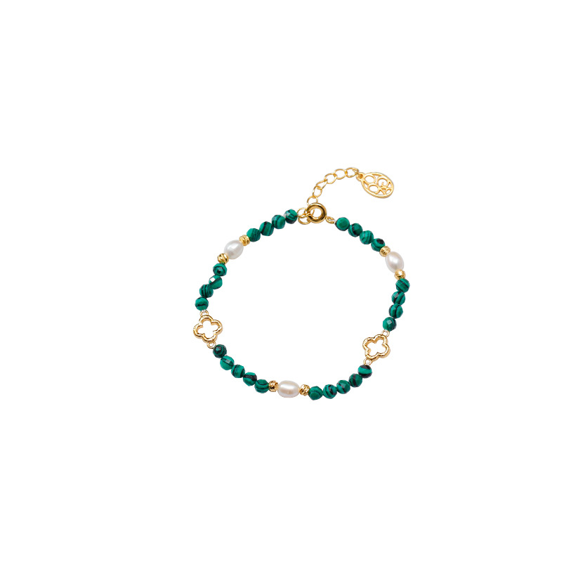 Gentle and elegant freshwater pearl malachite bracelet, noble and retro emerald beaded, simple hollowed-out pattern jewelry Item Picture