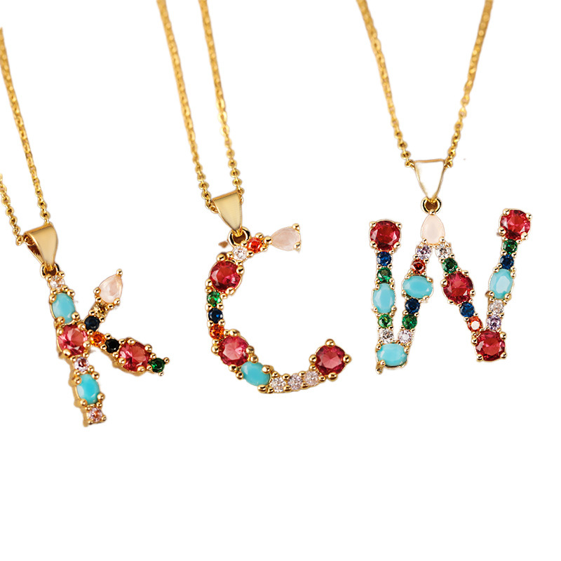 A cross-border copper micro-inlaid colored zircon pendant with 26 English letters, a niche hip-hop necklace and collarbone chain Item Picture