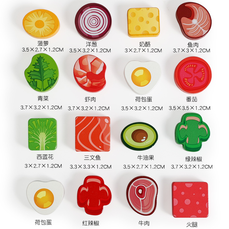 Early childhood education for babies: Wooden toys for playing house, simulated food, vegetables, fruits, pizza matching, and educational wooden toys Specification image