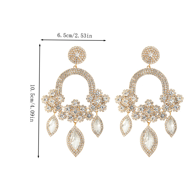 Aliexpress's best-selling cross-border full-diamond luxury exaggerated earrings, personalized and versatile, elegant rhinestone tassel earrings wholesale Specification drawing
