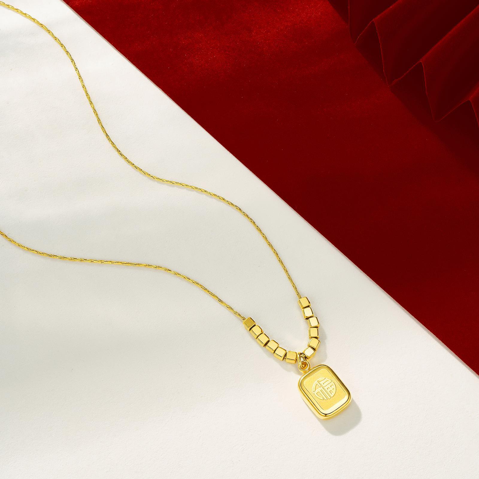 国风镀24K金福字方牌吊坠项链 时尚小方块锁骨链 不锈钢饰品批发详情图2