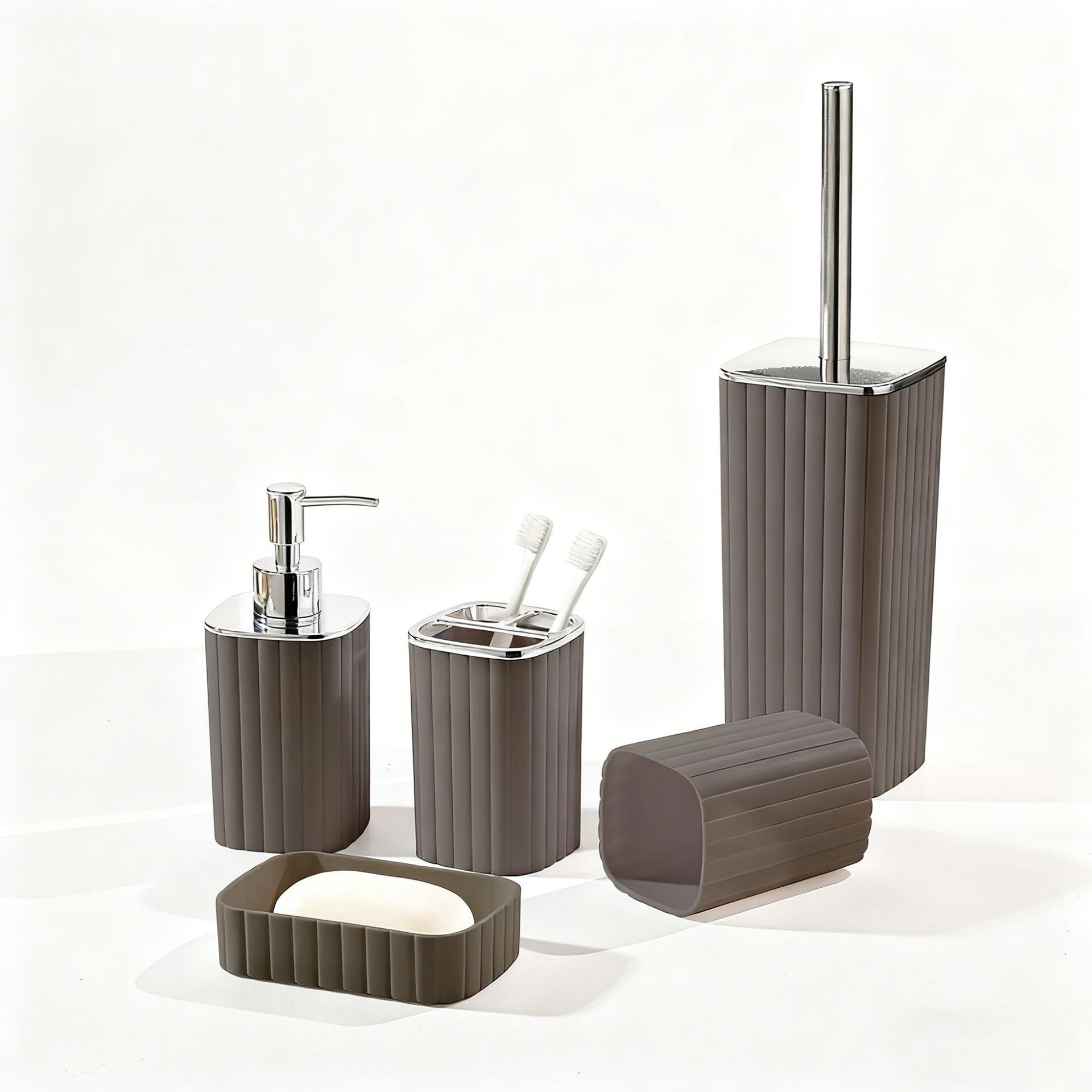 竖条纹卫浴洗漱塑料5件套厂家批发卫生间马桶刷架牙刷架套装轻奢白底实物图