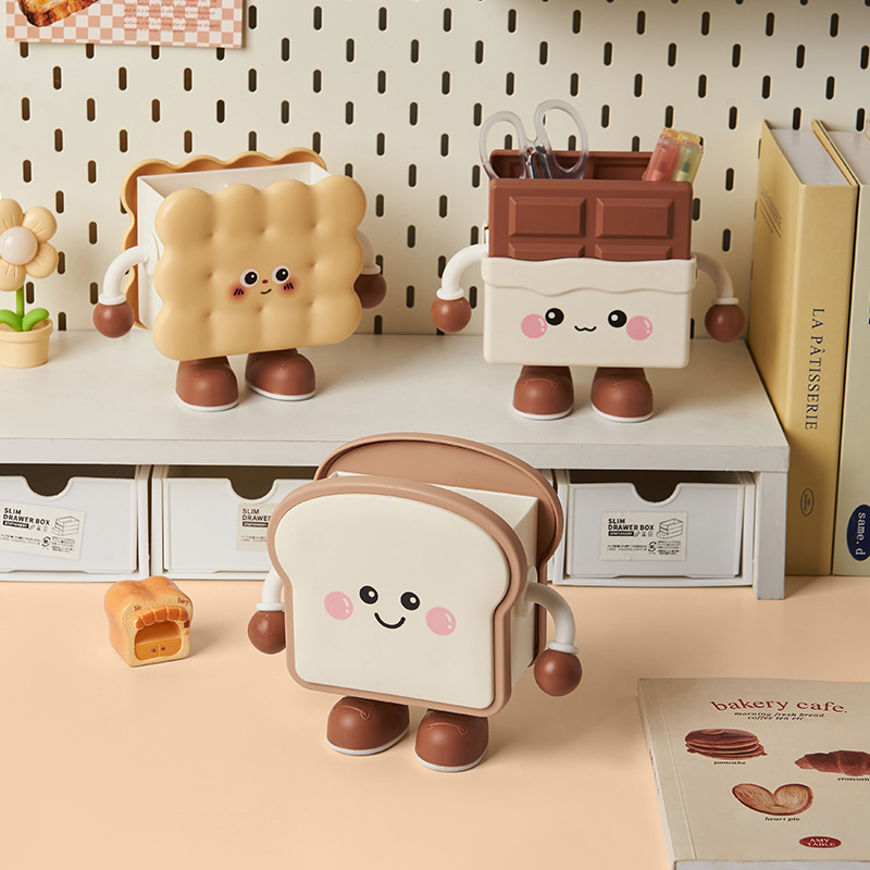 Cute cartoon cookie and toast storage bucket, desktop snack and sundries storage basket, student dormitory dust-proof pen holder Application Scenario