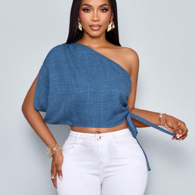 Amazon Spring/Summer Women's casual top for commuting, made of blue textured fabric, single-shoulder folding, adjustable drawstring for hot girls Item Picture