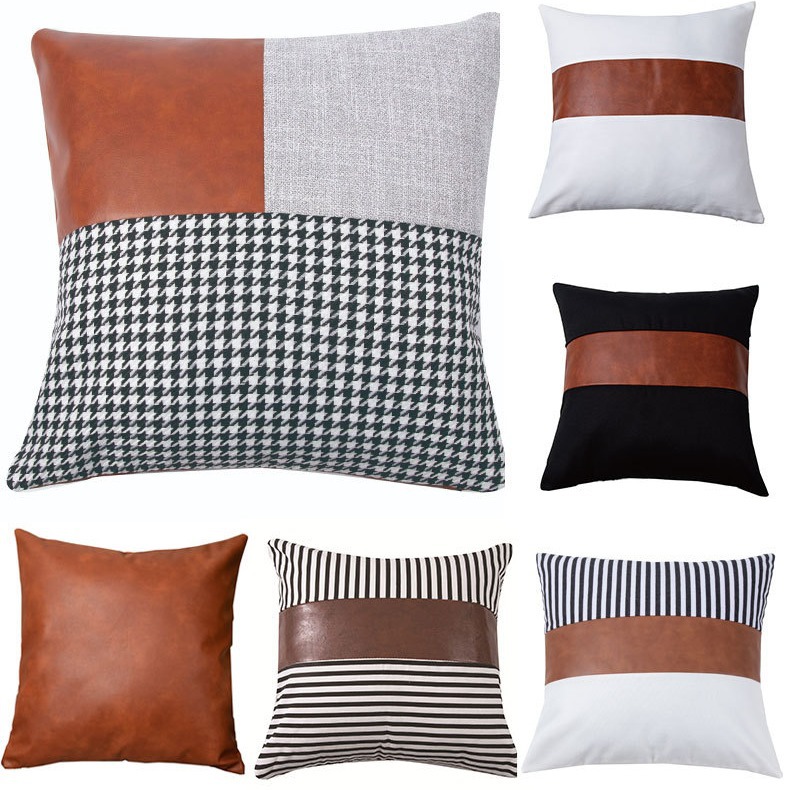 Wholesale Of Nordic Leather Patchwork Canvas Throw Pillows, Simple Backrests, Home Cushions, Bedside Cushions, Sofa Pillowcases