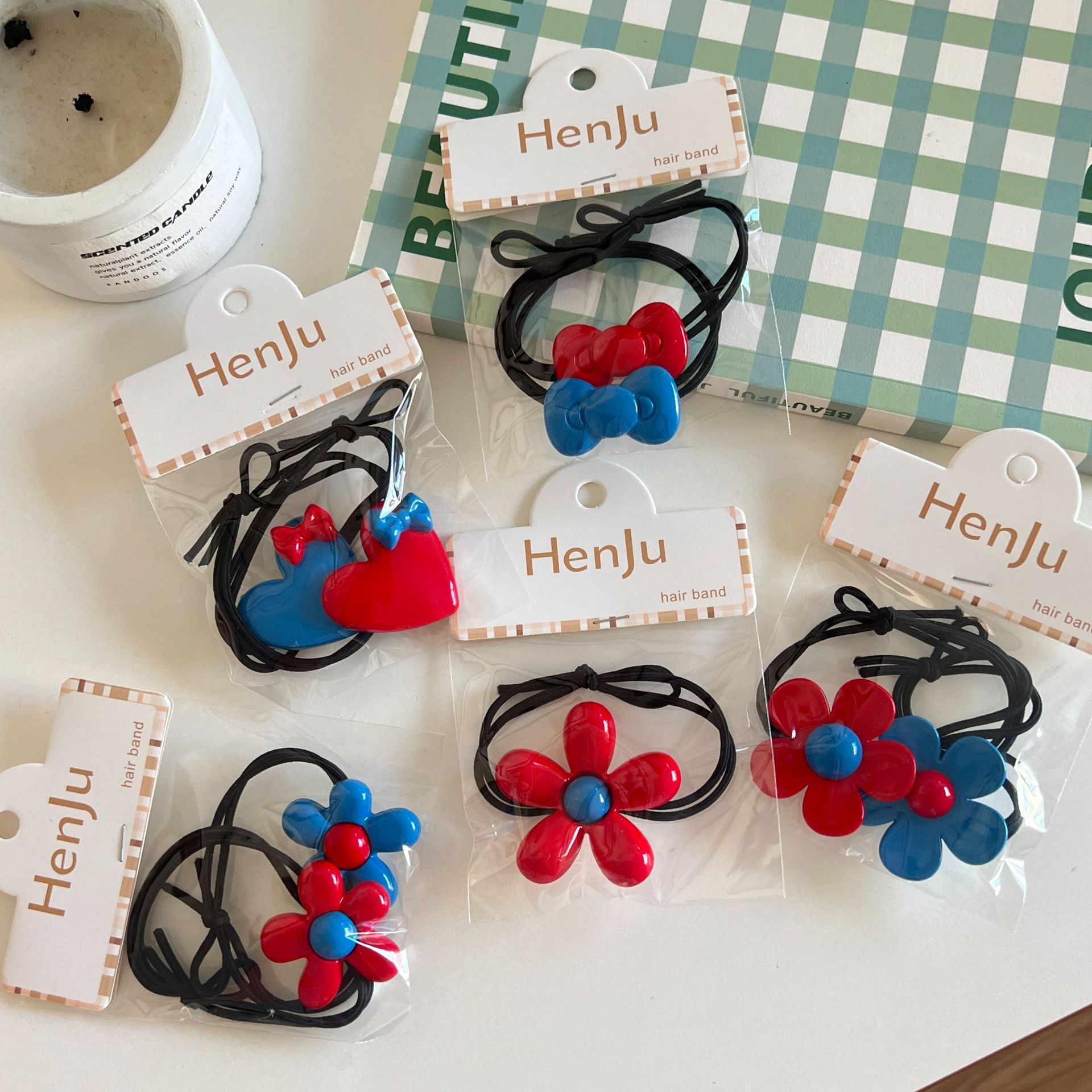 Korean red and blue bow flower hair clips, bangs, bb clips, sweet girl ponytail ties, hair bands, hair ties and headwear Specification image